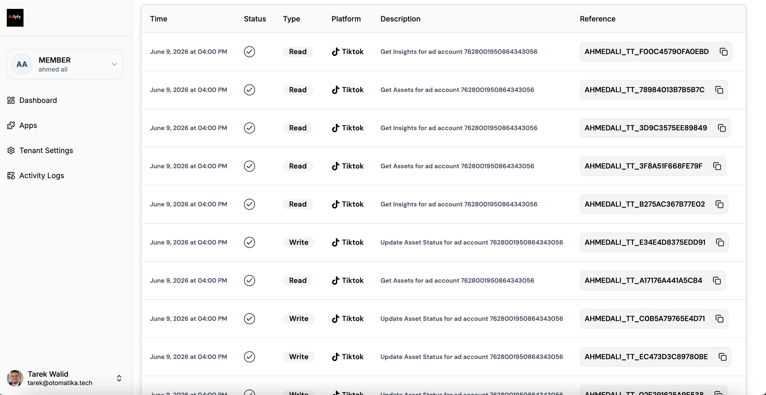 Live activity log of connected ad accounts in the Adlyfy portal