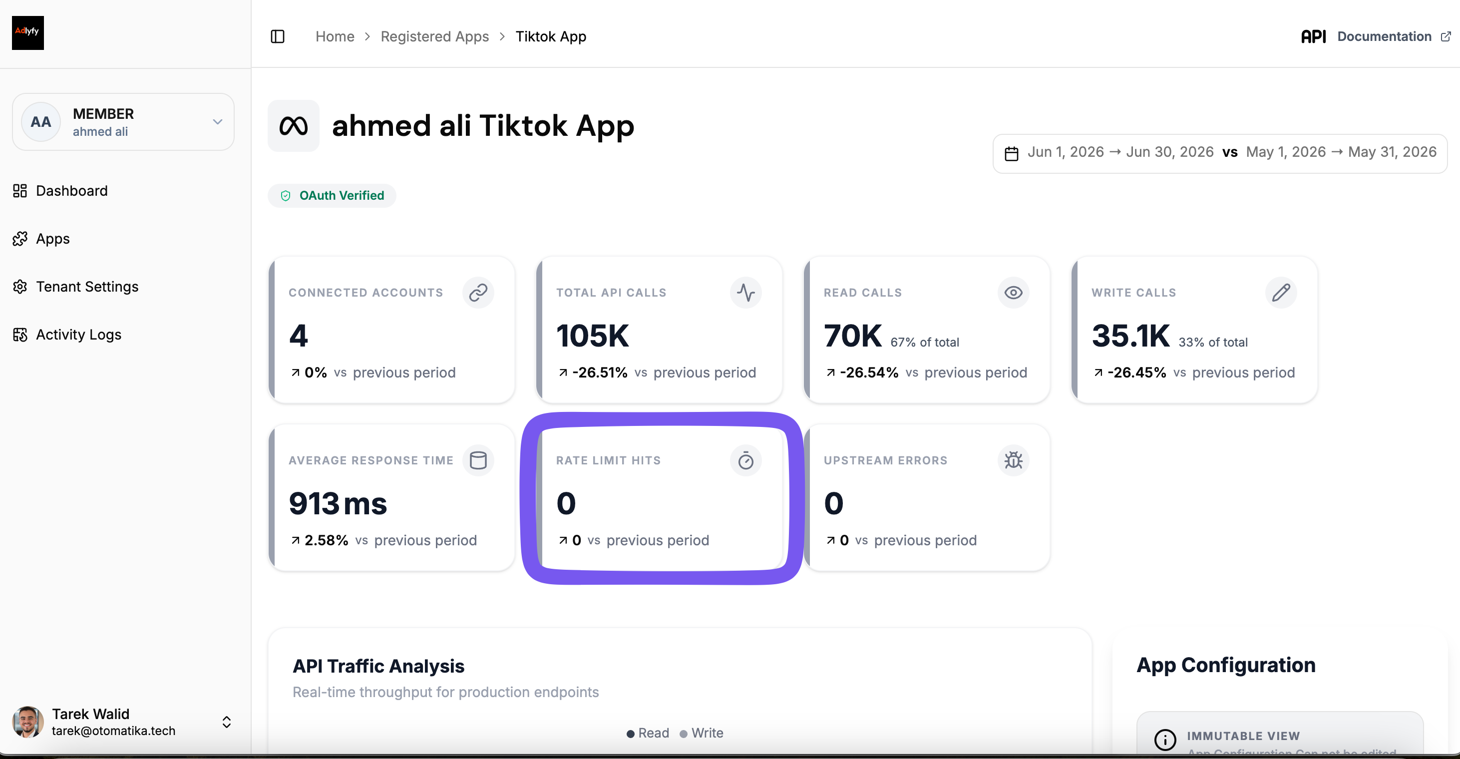 Tracking platform rate limits in the Adlyfy portal