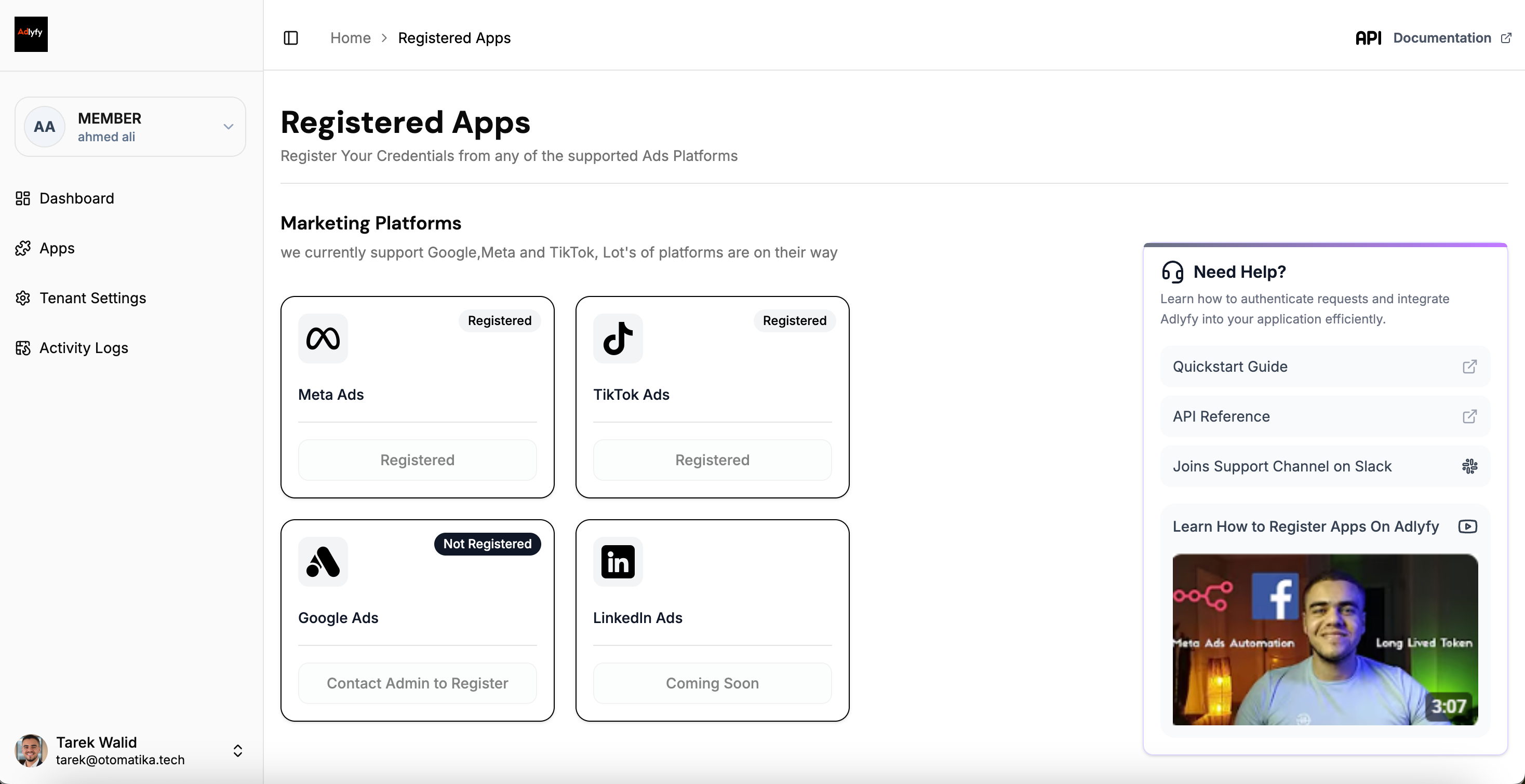 Registering platform developer apps in the Adlyfy portal